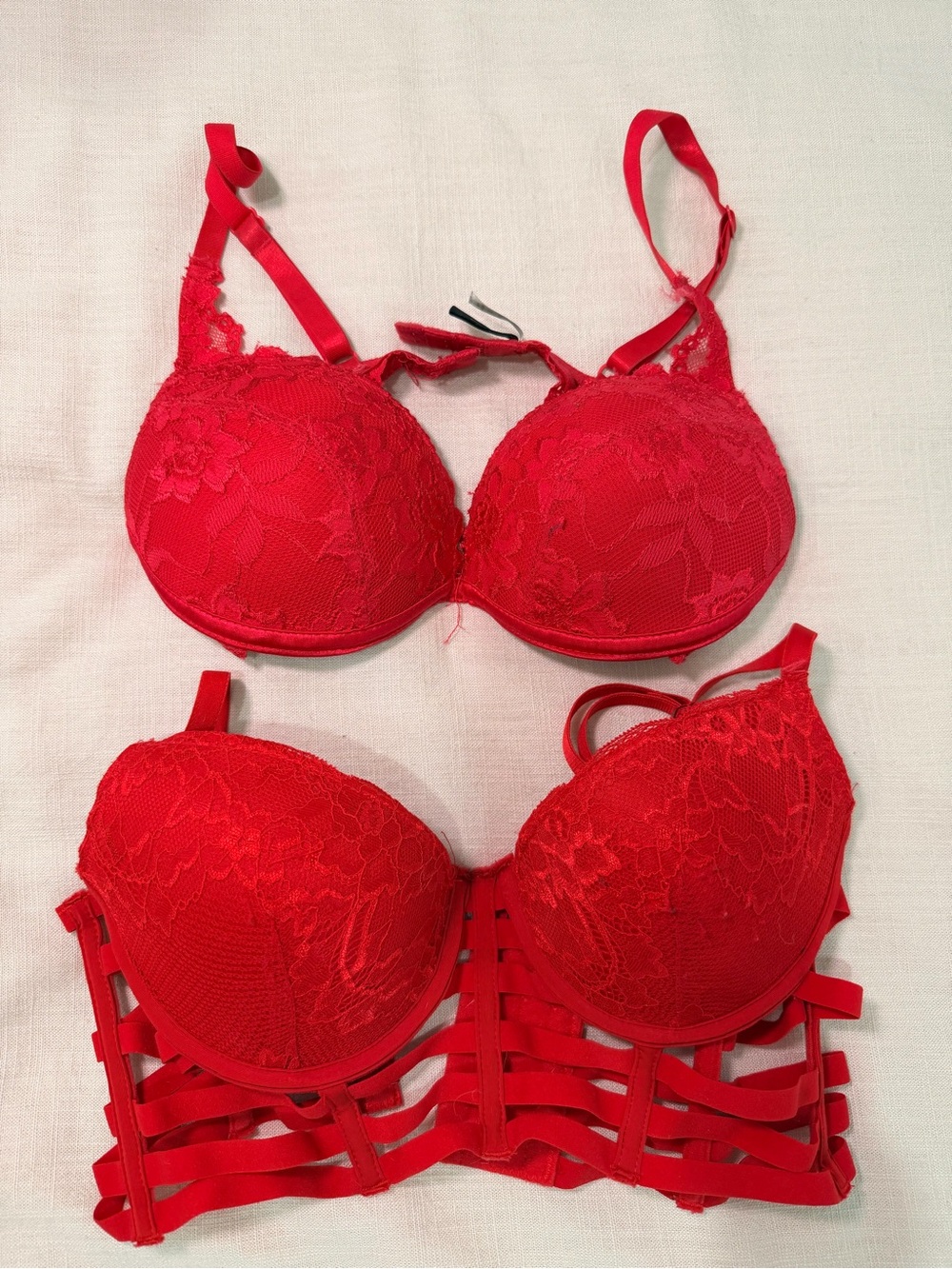 Red Lace Bra Bundle 32B Frederick’s of Hollywood + Strappy Bra 36B